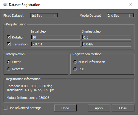 Dataset Registration dialog